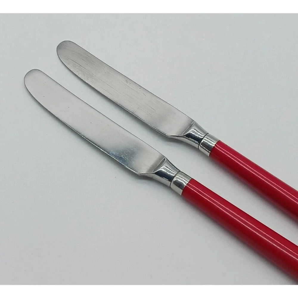 Set of 2 Stanley Roberts Spectrum Dinner Knife Knives Red Plastic Handle Korea